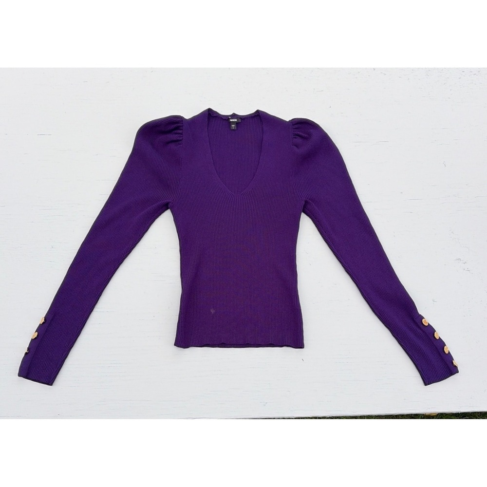 Express Purple Ribbed V-Neck Puff Shoulder Sweater Gold Button Cuffs Small